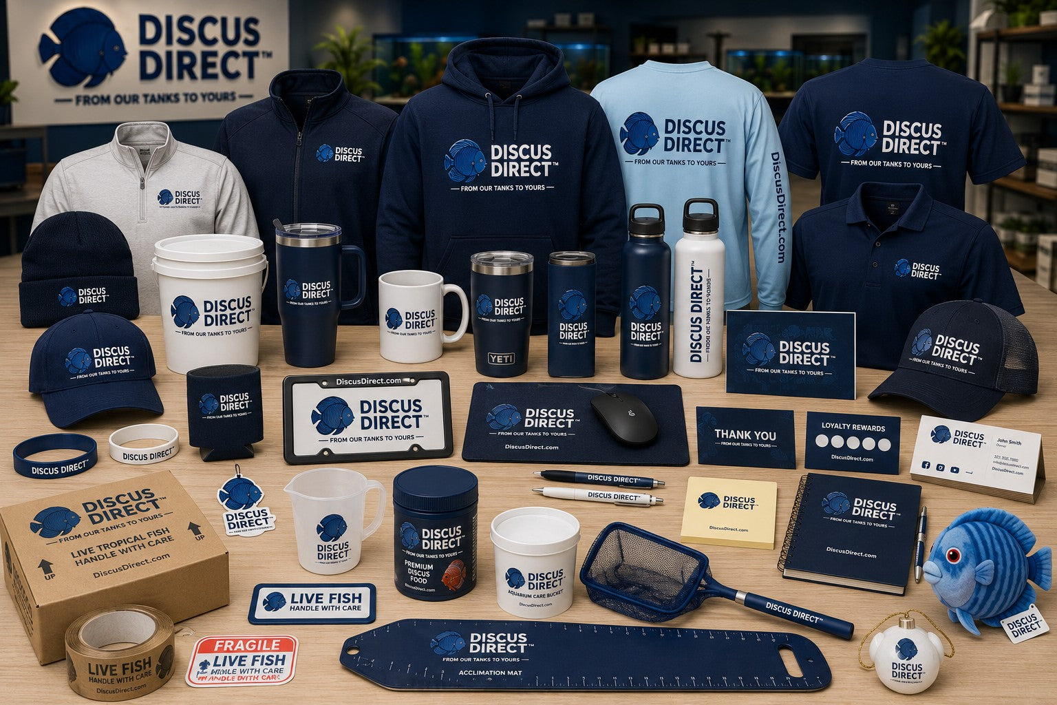 Discus Direct branded merchandise collection including apparel, hats, drinkware and aquarium accessories