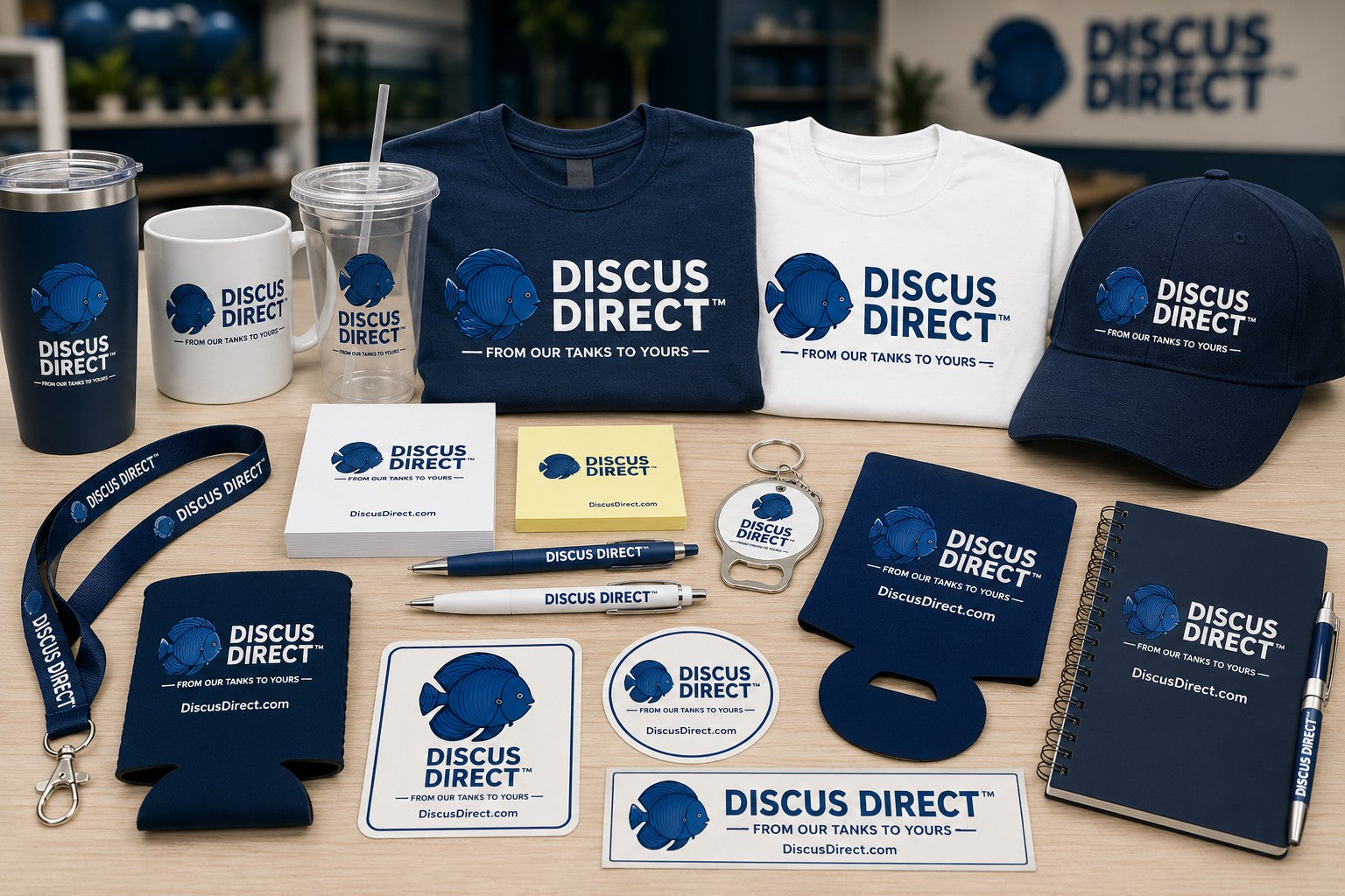 Discus Direct branded shirts, cap, drinkware, stationery and accessories