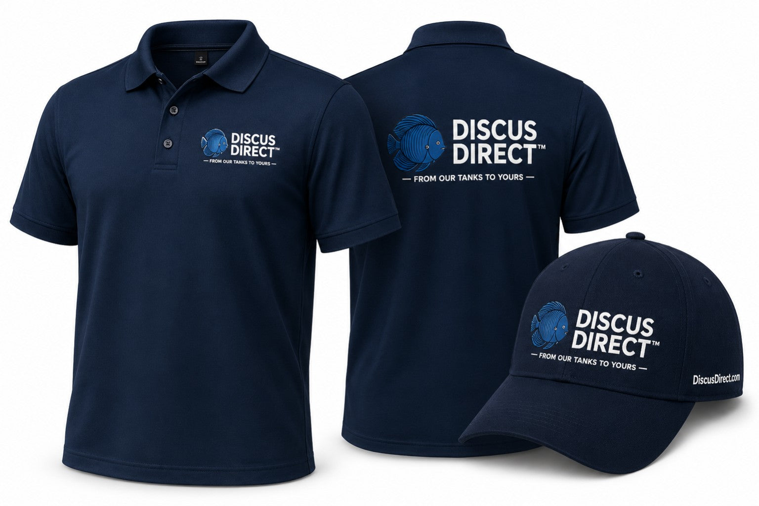 Discus Direct navy polo shirts and branded cap
