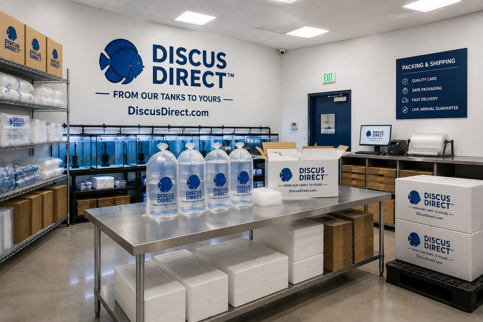 Discus Direct fish packing and shipping room